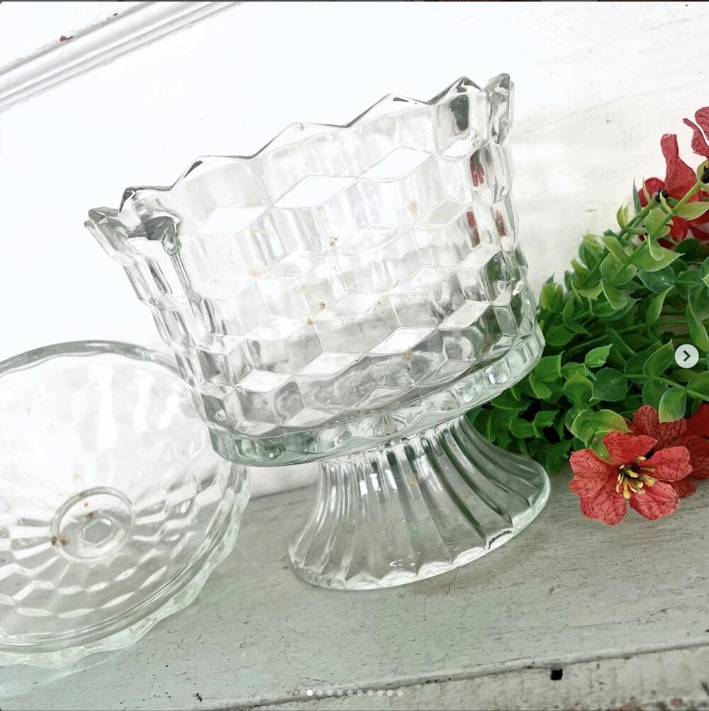 Vintage Homco Fostoria American Crystal Cubist Clear Glass Footed Candy Dish Lid
